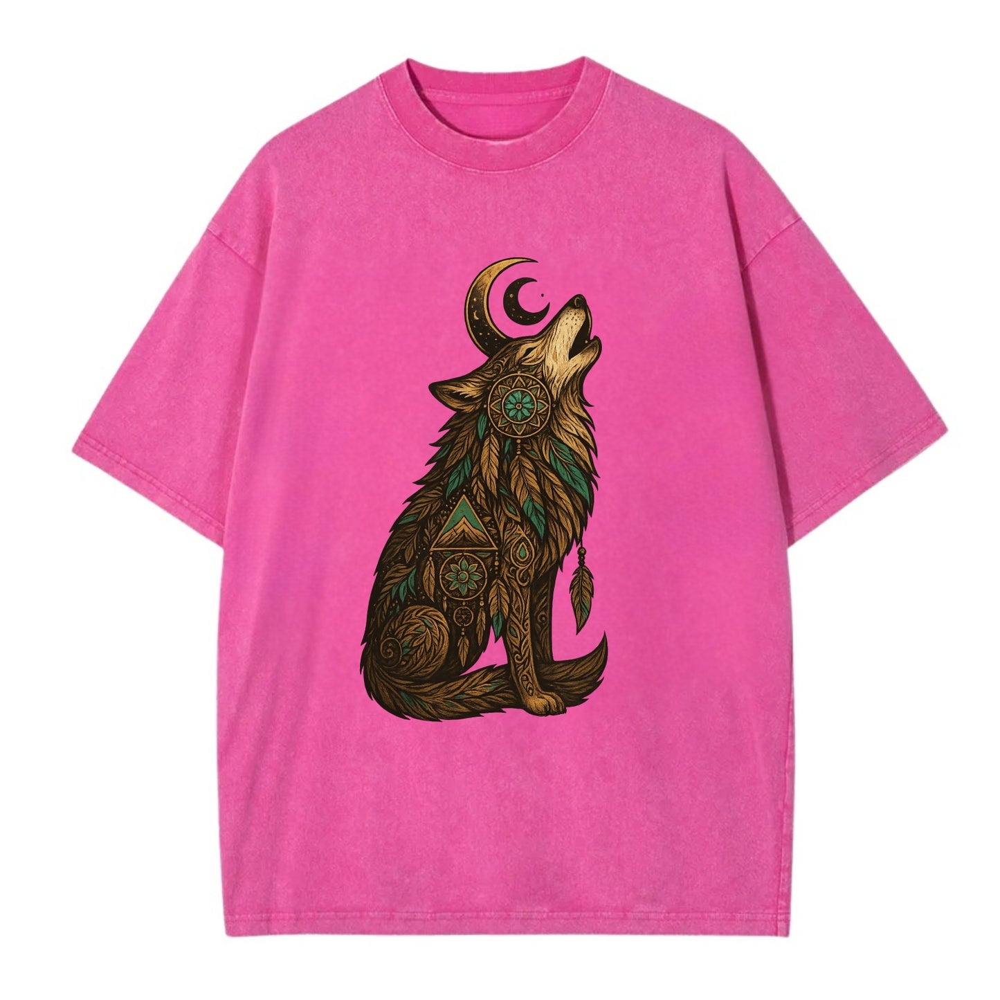 Celestial Moon Wolf  - Vintage T-shirt - Dusty Rose(Rose)