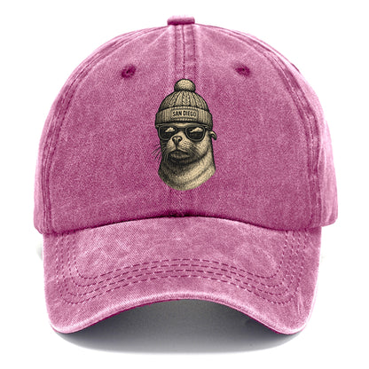 San Diego Sea Lion wearing San Diego beanie with pom pom and wayfarer sunglasses - Classic Cap - Dusty Rose(Rose)