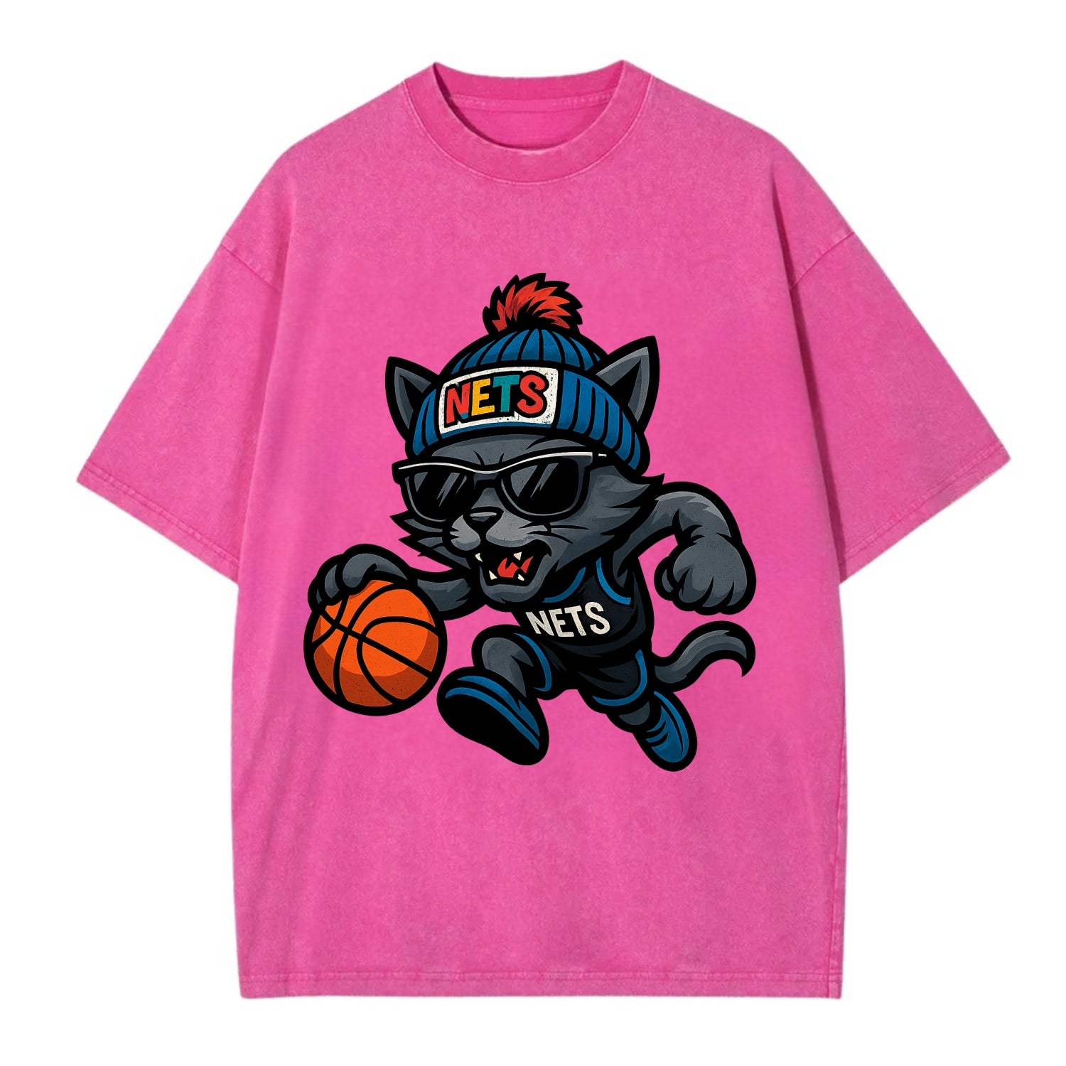 Brooklyn Cat wearing Nets beanie with street art patch and wayfarer sunglasses - Vintage T-shirt - Dusty Rose(Rose)