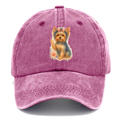 Yorkshire Terrier with topknot bow, one delicate paw flipping off - Classic Cap - Dusty Rose(Rose)