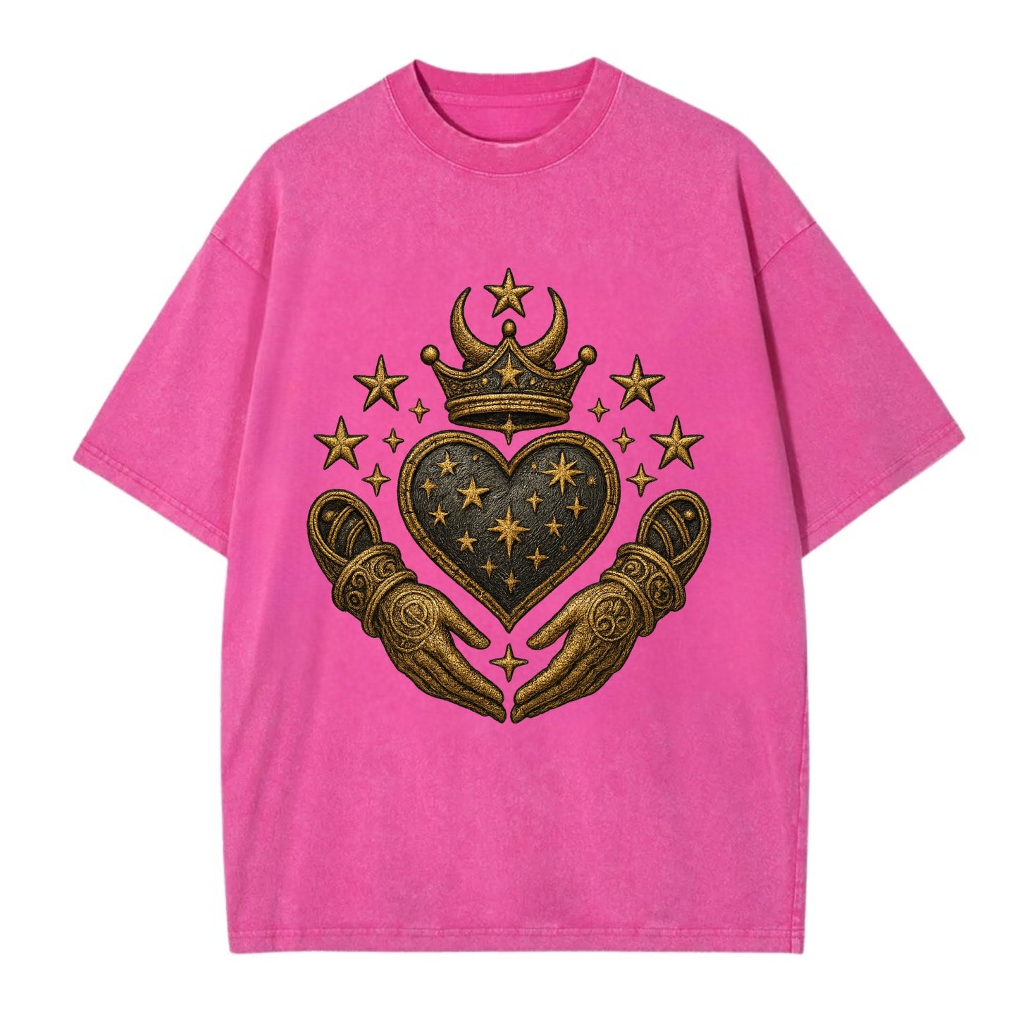Weathered antique brass crown above a hammered gunmetal heart framed by ivy-woven - Vintage T-shirt - Dusty Rose(Rose)