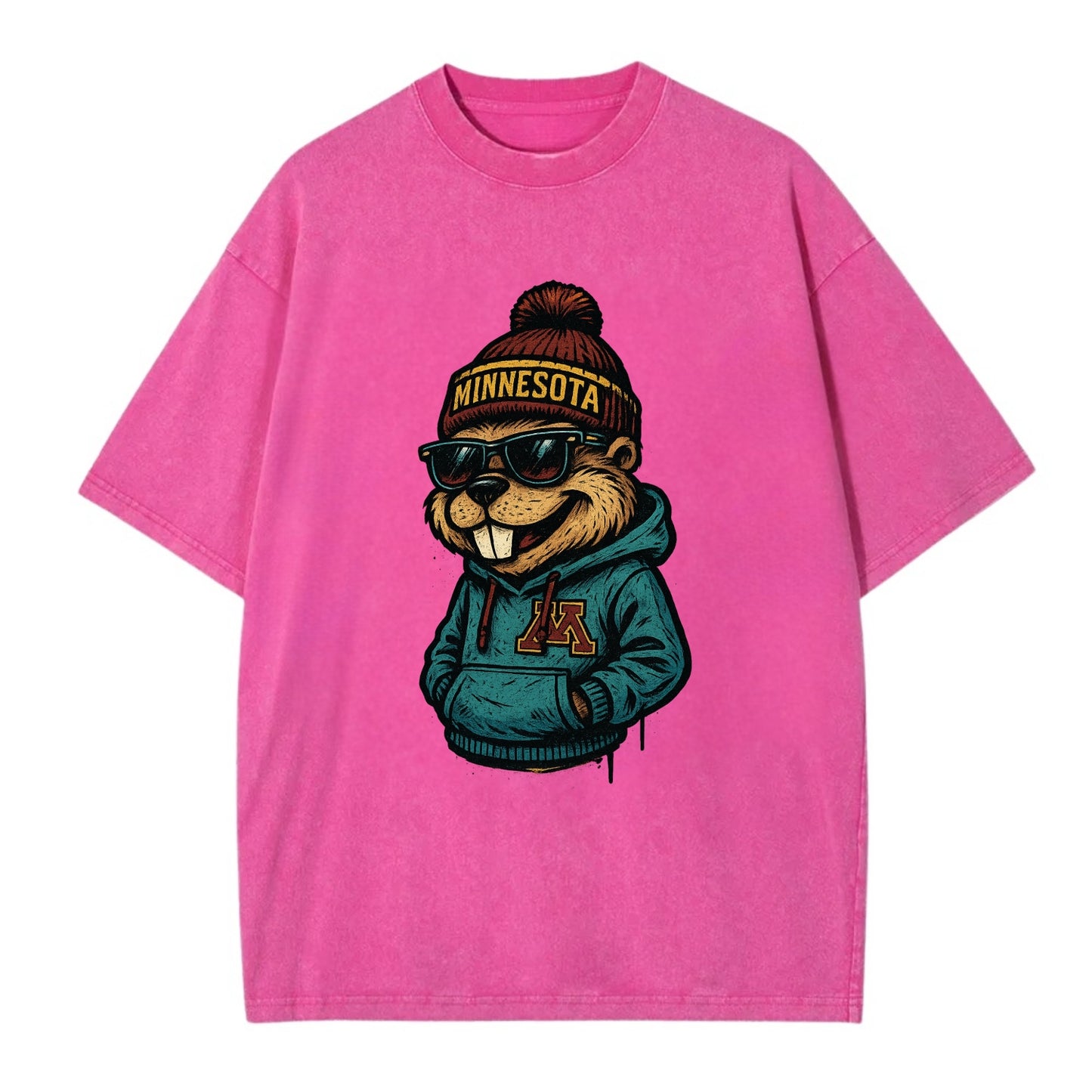 Minneapolis Gopher wearing Minnesota beanie with M patch - Vintage T-shirt - Dusty Rose(Rose)