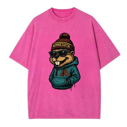Minneapolis Gopher wearing Minnesota beanie with M patch - Vintage T-shirt - Dusty Rose(Rose)
