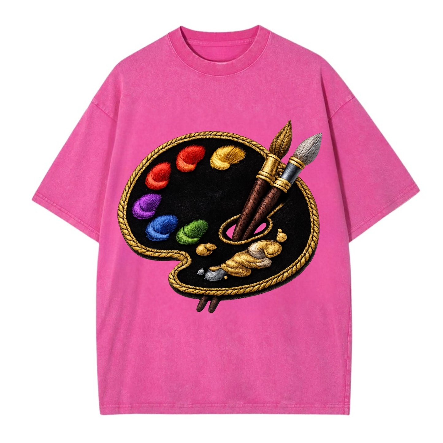 Embroidered patch design - PAINT PALETTE - artist palette with brushes in rainbow - Vintage T-shirt - Dusty Rose(Rose)