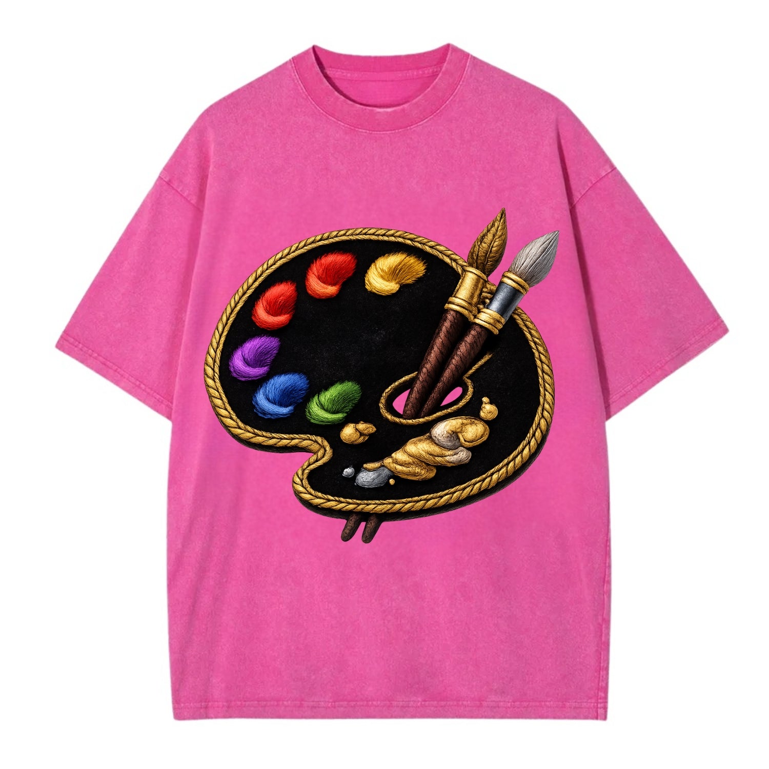 Embroidered patch design - PAINT PALETTE - artist palette with brushes in rainbow - Vintage T-shirt - Dusty Rose(Rose)