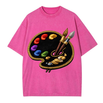 Embroidered patch design - PAINT PALETTE - artist palette with brushes in rainbow - Vintage T-shirt - Dusty Rose(Rose)