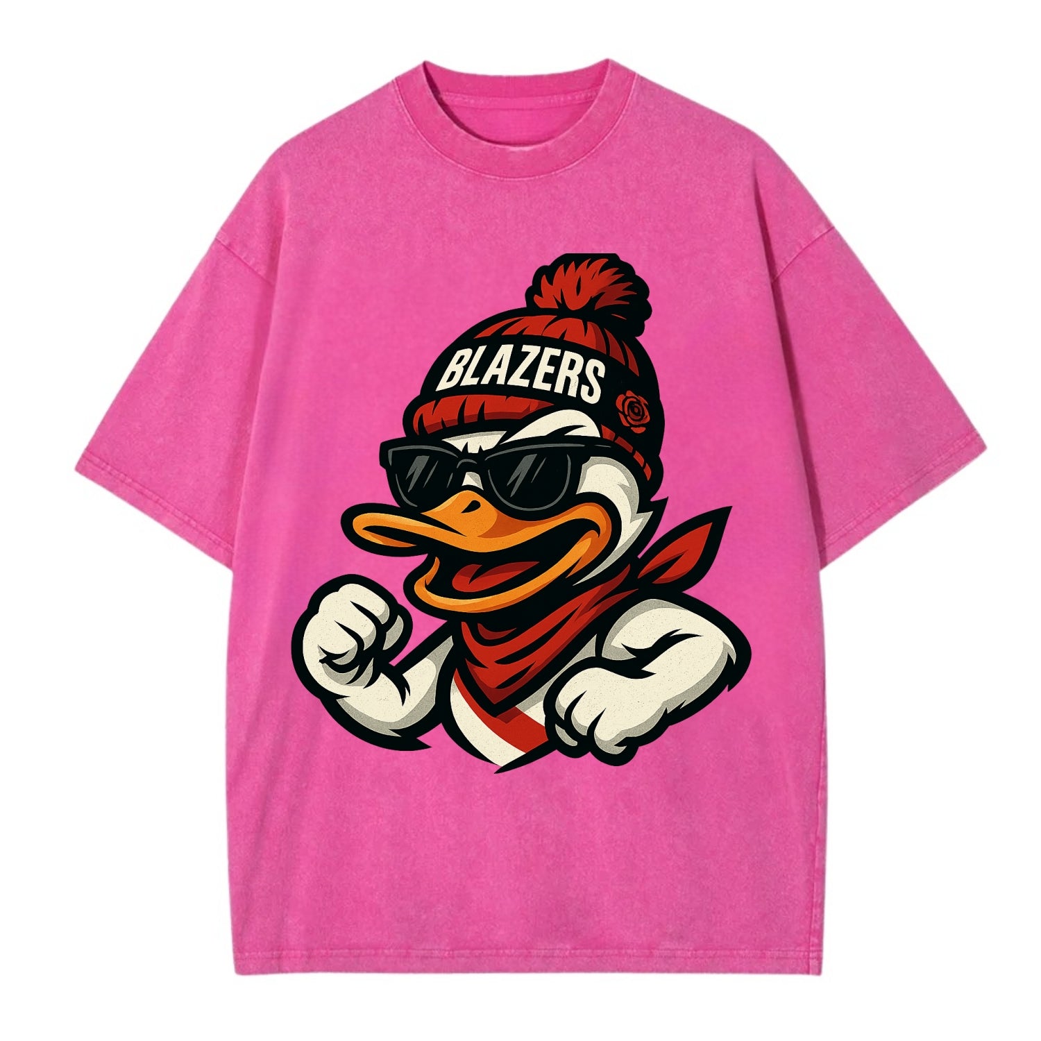 Oregon Duck wearing Trail Blazers beanie with rose patch and wayfarer sunglasses - Vintage T-shirt - Dusty Rose(Rose)