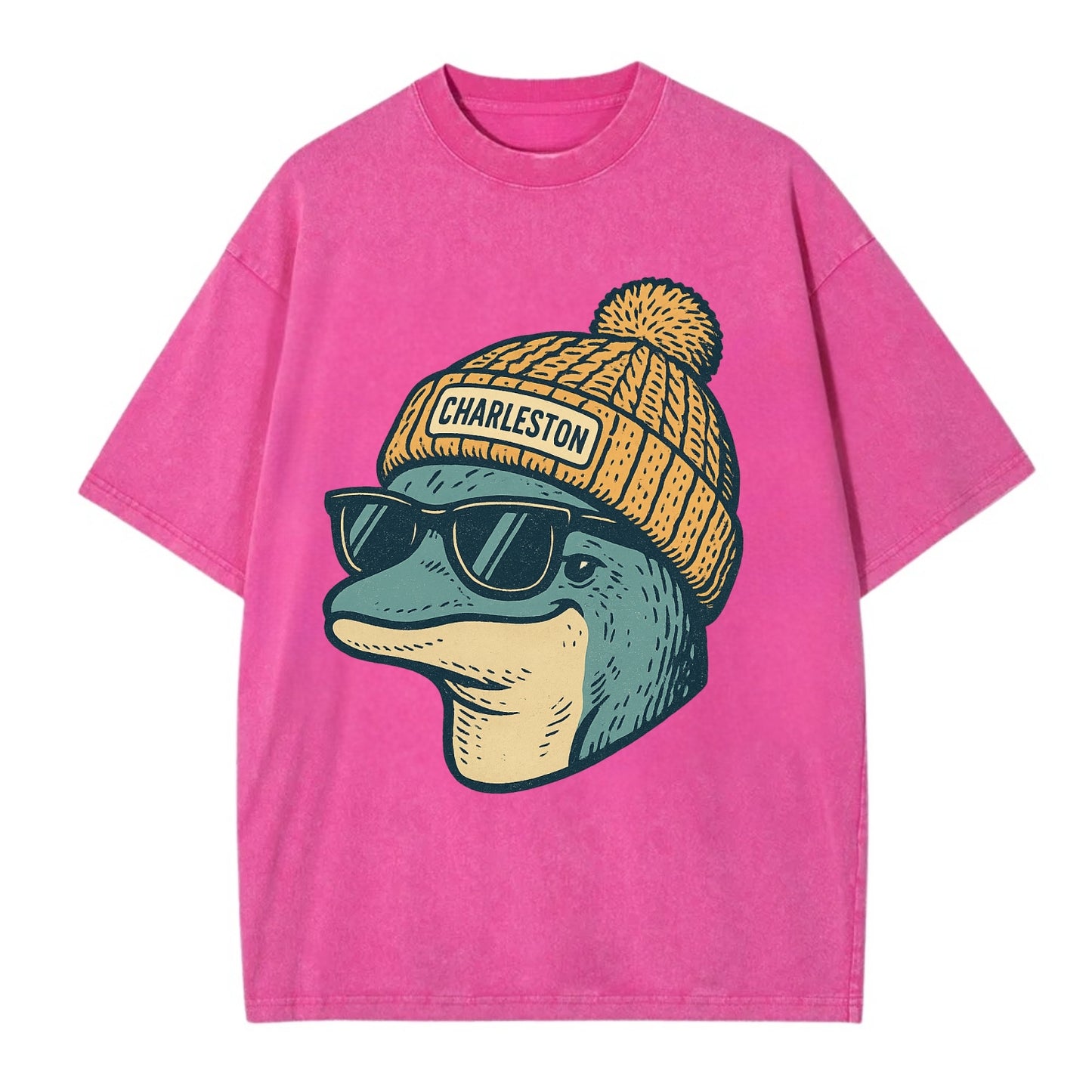 Charleston Dolphin wearing Charleston beanie with pom pom and wayfarer sunglasses - Vintage T-shirt - Dusty Rose(Rose)