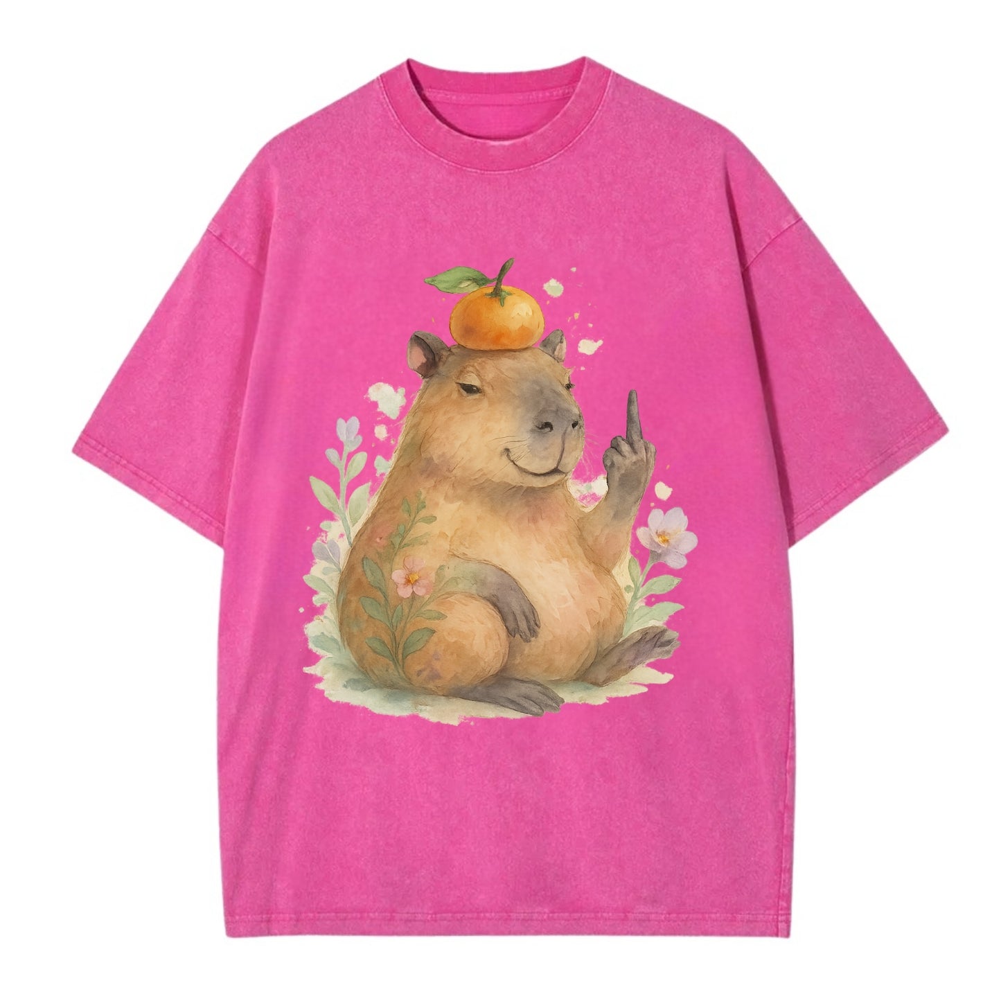chonky capybara relaxing with orange on head, one webbed middle finger up - Vintage T-shirt - Dusty Rose(Rose)