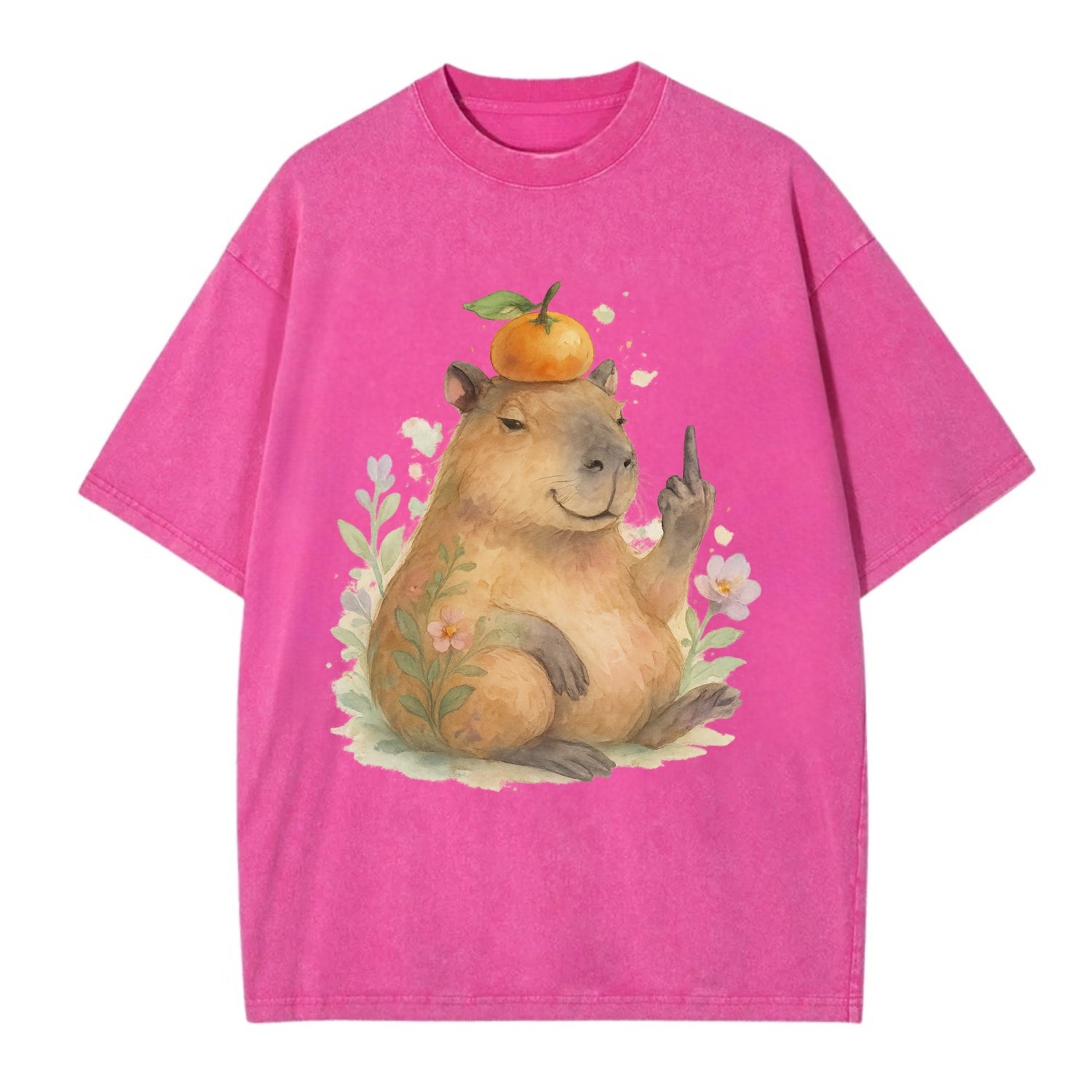 chonky capybara relaxing with orange on head, one webbed middle finger up - Vintage T-shirt - Dusty Rose(Rose)
