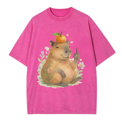 chonky capybara relaxing with orange on head, one webbed middle finger up - Vintage T-shirt - Dusty Rose(Rose)