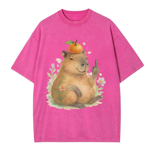 chonky capybara relaxing with orange on head, one webbed middle finger up - Vintage T-shirt - Dusty Rose(Rose)