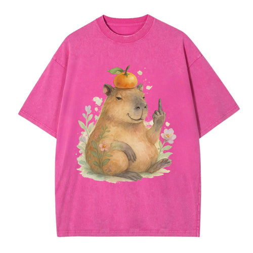 chonky capybara relaxing with orange on head, one webbed middle finger up - Vintage T-shirt