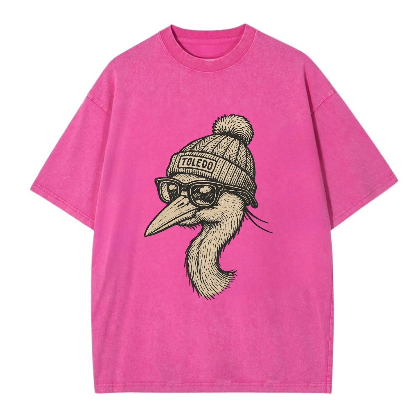 Toledo Great Blue Heron wearing Toledo beanie with pom pom and wayfarer sunglasses - Vintage T-shirt - Dusty Rose(Rose)