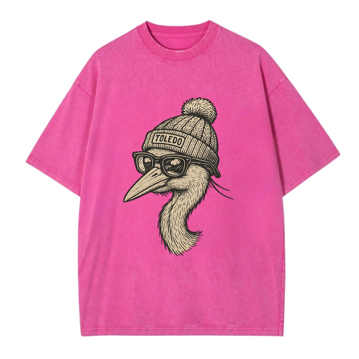 Toledo Great Blue Heron wearing Toledo beanie with pom pom and wayfarer sunglasses - Vintage T-shirt - Dusty Rose(Rose)