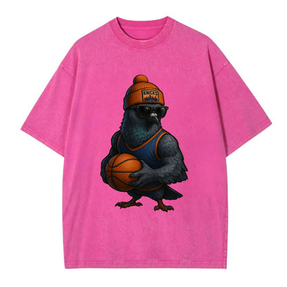 Manhattan Pigeon wearing Knicks beanie with skyline patch and wayfarer sunglasses - Vintage T-shirt - Dusty Rose(Rose)