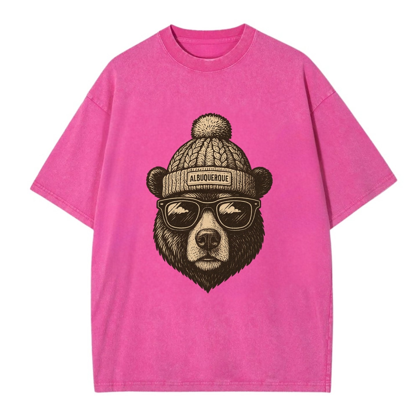 New Mexico Black Bear wearing Albuquerque beanie with pom pom and wayfarer - Vintage T-shirt - Dusty Rose(Rose)