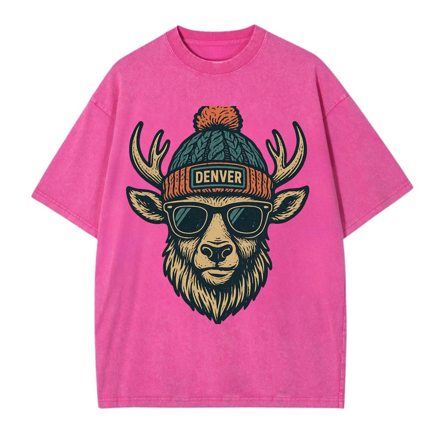 Denver Elk wearing Denver beanie with pom pom and wayfarer sunglasses - Vintage T-shirt - Dusty Rose(Rose)