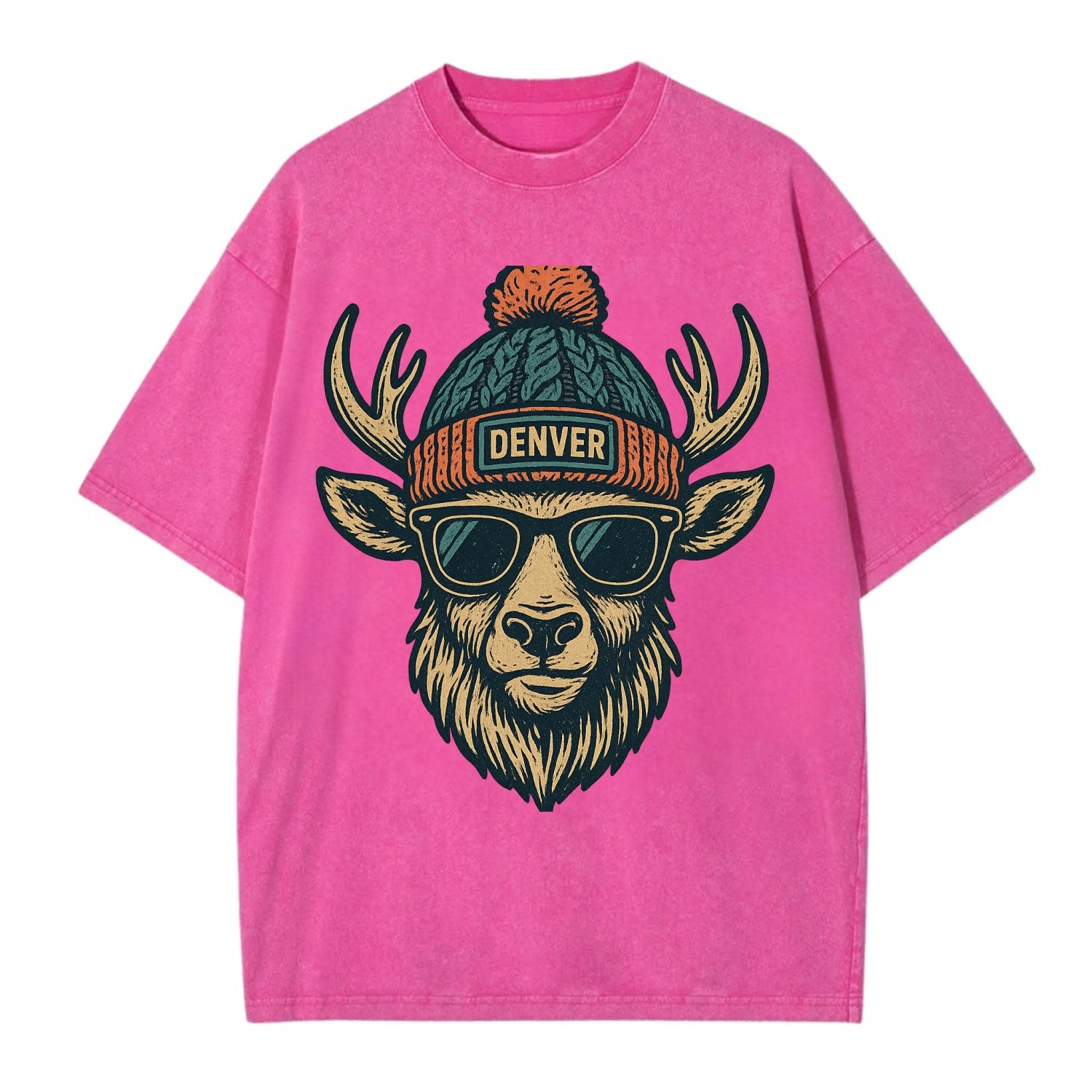 Denver Elk wearing Denver beanie with pom pom and wayfarer sunglasses - Vintage T-shirt - Dusty Rose(Rose)