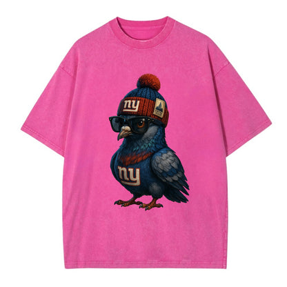 Manhattan Pigeon wearing Giants beanie with Empire State patch and wayfarer - Vintage T-shirt - Dusty Rose(Rose)