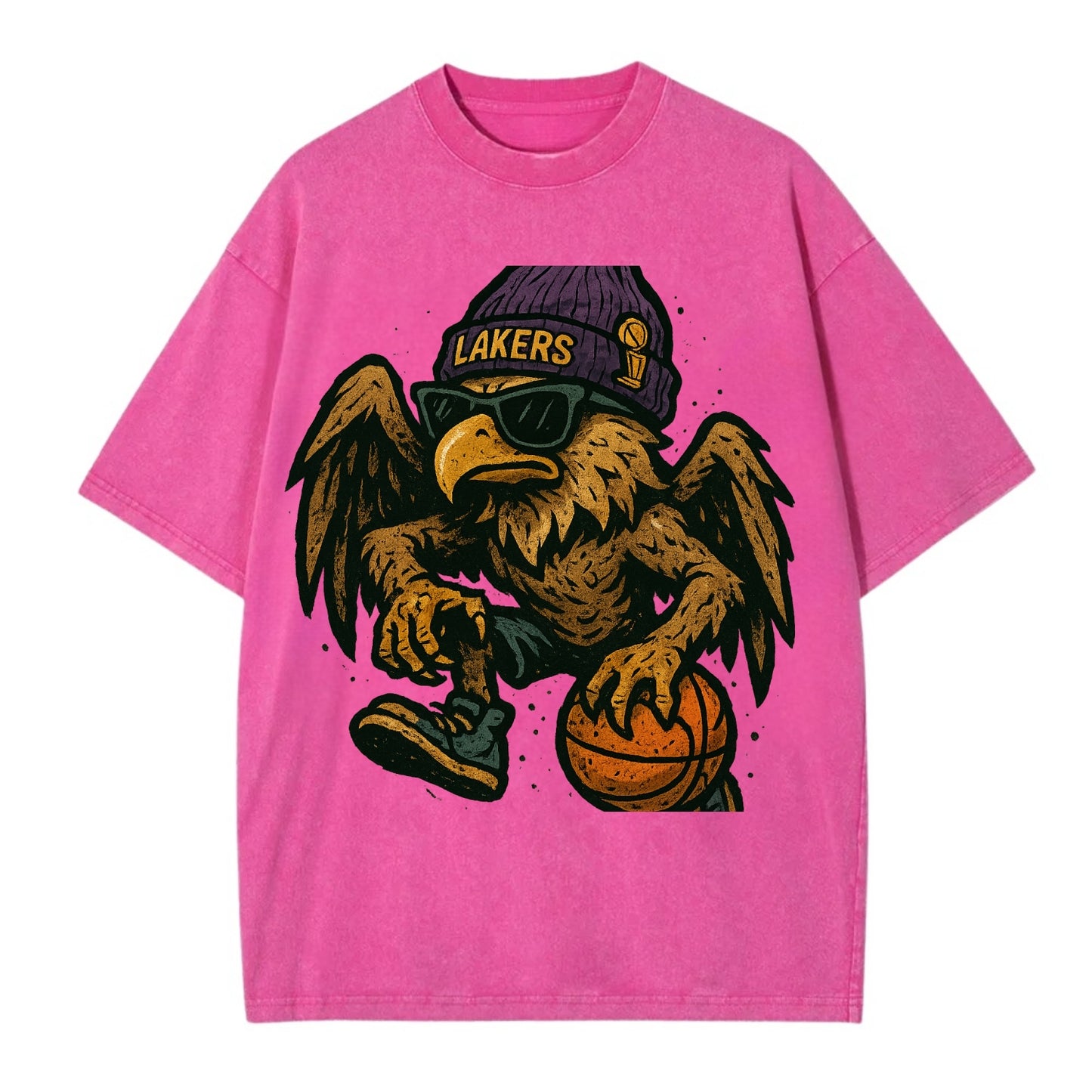 Los Angeles Golden Eagle wearing Lakers beanie with trophy patch and wayfarer - Vintage T-shirt - Dusty Rose(Rose)