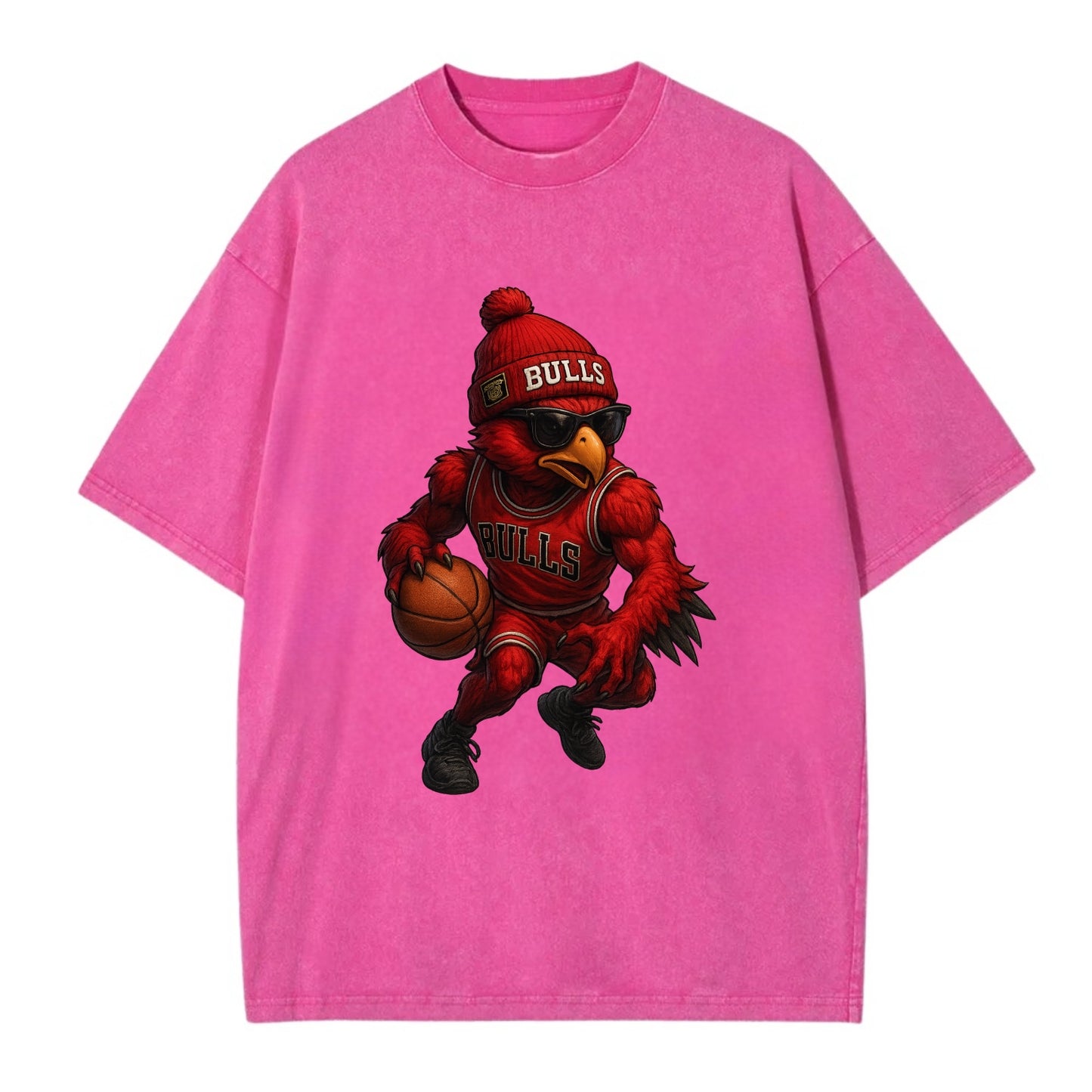 Windy City Hawk wearing Bulls beanie with six rings patch and wayfarer sunglasses - Vintage T-shirt - Dusty Rose(Rose)