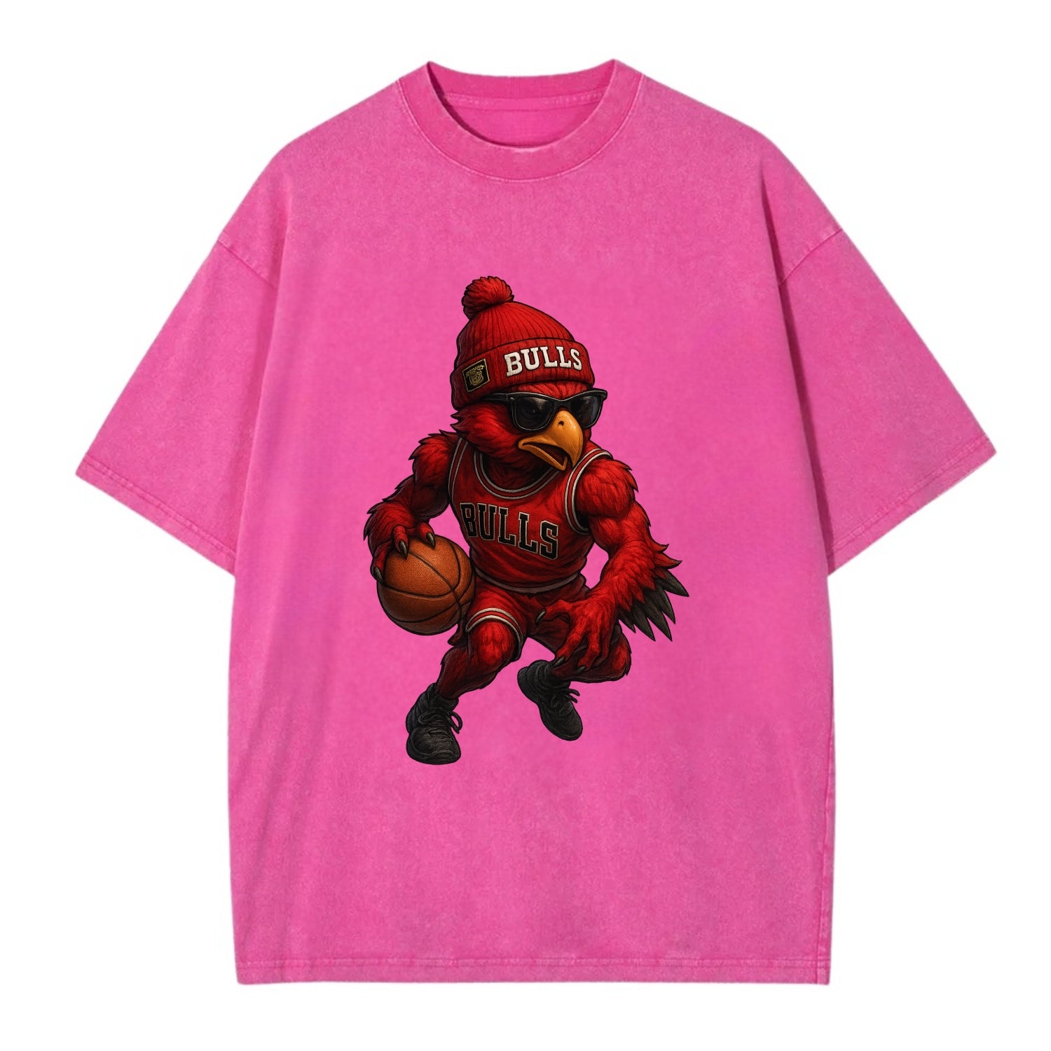 Windy City Hawk wearing Bulls beanie with six rings patch and wayfarer sunglasses - Vintage T-shirt - Dusty Rose(Rose)