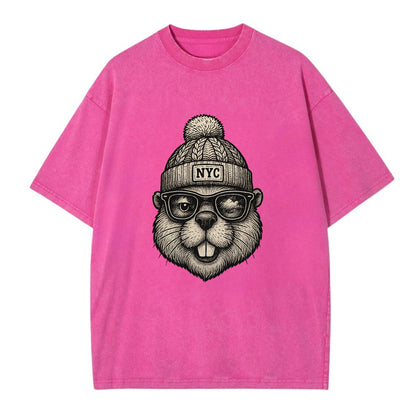 New York Beaver wearing NYC beanie with pom pom and wayfarer sunglasses - Vintage T-shirt - Dusty Rose(Rose)