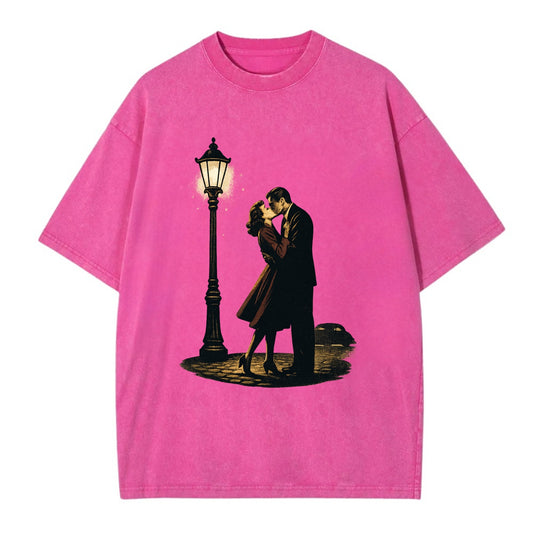 first kiss under vintage street lamp on cobblestone at night - Vintage T-shirt - Dusty Rose(Rose)