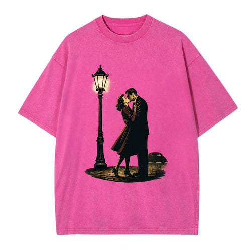first kiss under vintage street lamp on cobblestone at night - Vintage T-shirt