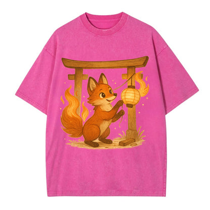 Foxfire kitsune stringing lanterns along a torii gate with tails of living flame - Vintage T-shirt - Dusty Rose(Rose)