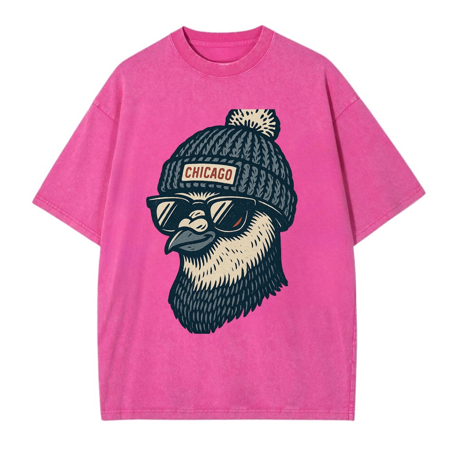 Chicago Pigeon wearing Chicago beanie with pom pom and wayfarer sunglasses - Vintage T-shirt - Dusty Rose(Rose)