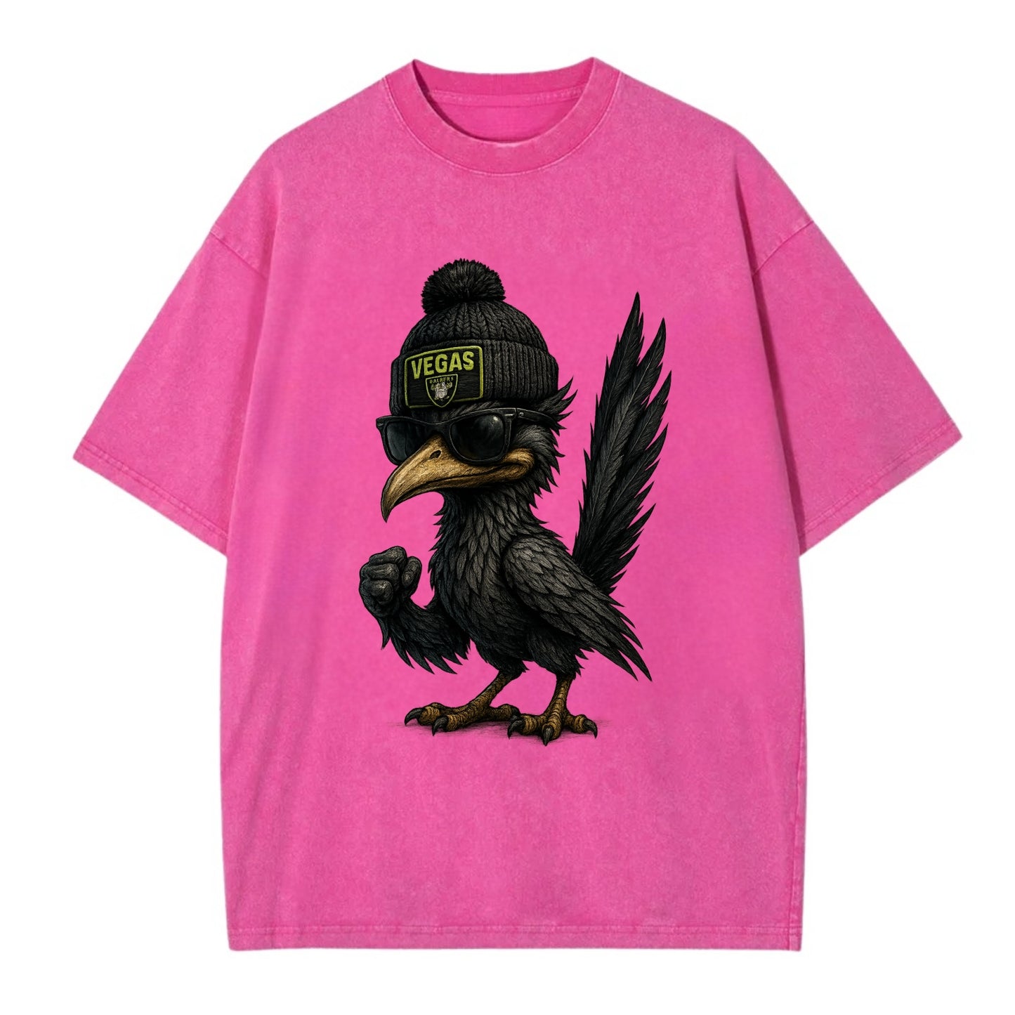 Vegas Roadrunner wearing Raiders beanie with neon patch and wayfarer sunglasses - Vintage T-shirt - Dusty Rose(Rose)