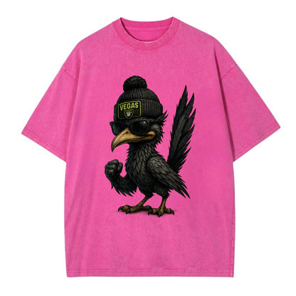 Vegas Roadrunner wearing Raiders beanie with neon patch and wayfarer sunglasses - Vintage T-shirt - Dusty Rose(Rose)