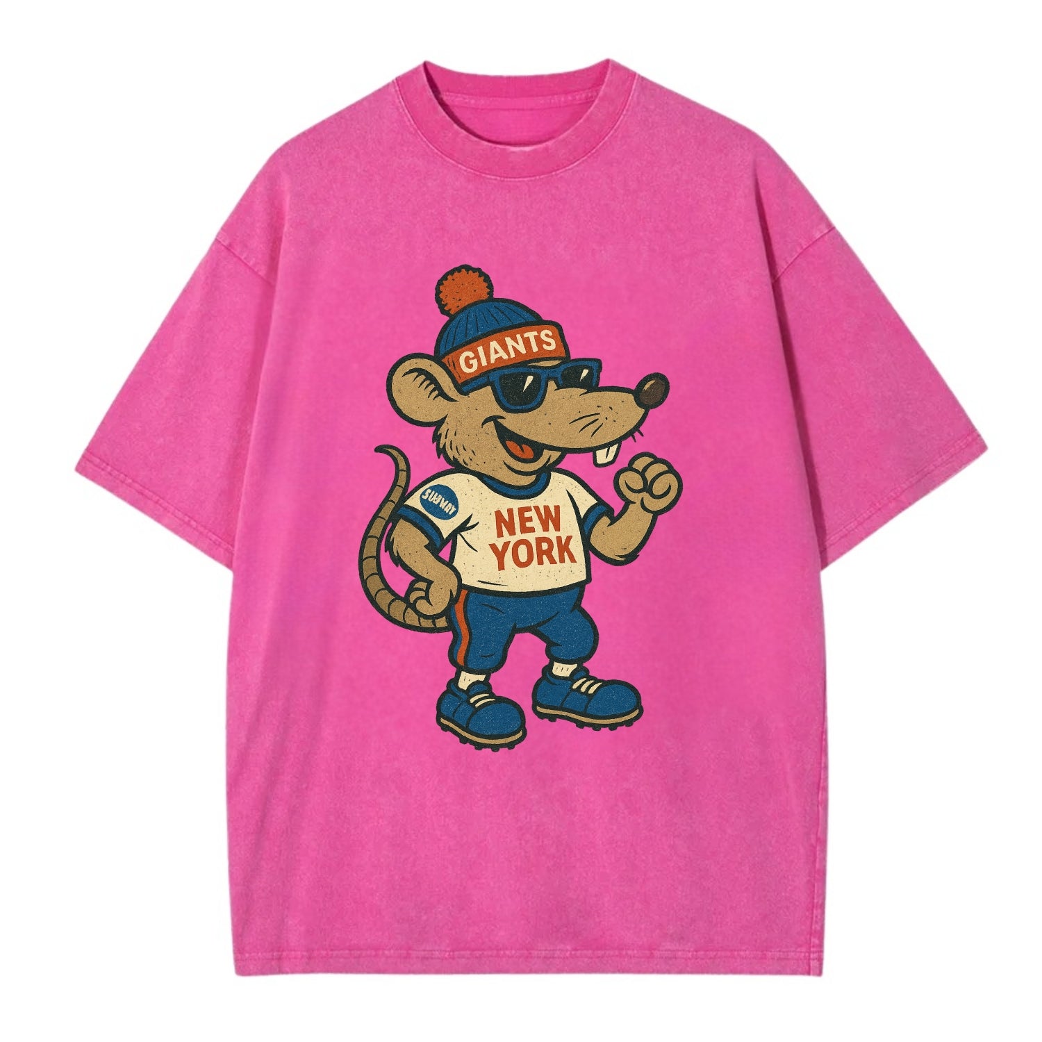 New York Rat wearing Giants beanie with subway patch and wayfarer sunglasses - Vintage T-shirt - Dusty Rose(Rose)