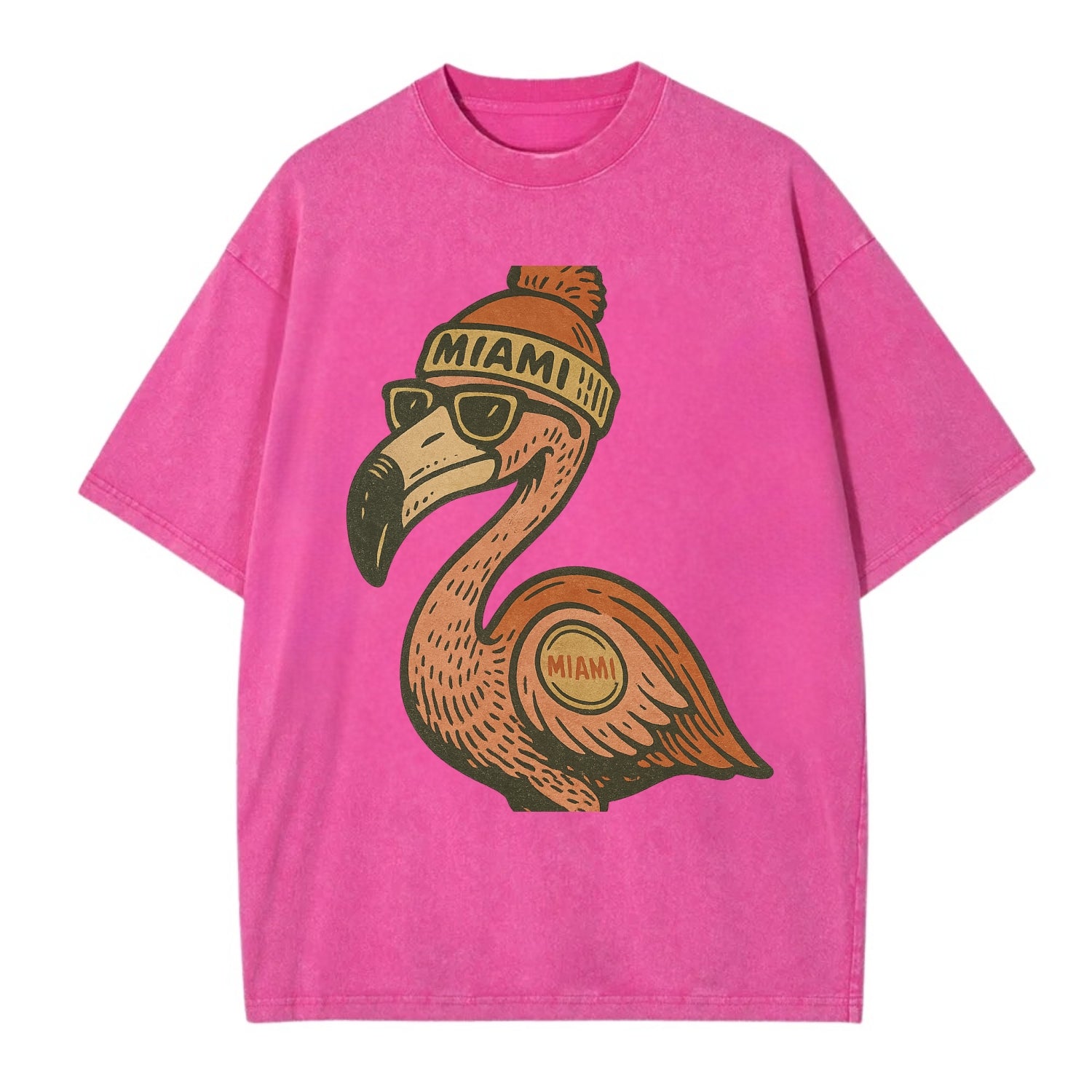 Miami Flamingo wearing Miami beanie with pom pom and wayfarer sunglasses - Vintage T-shirt - Dusty Rose(Rose)