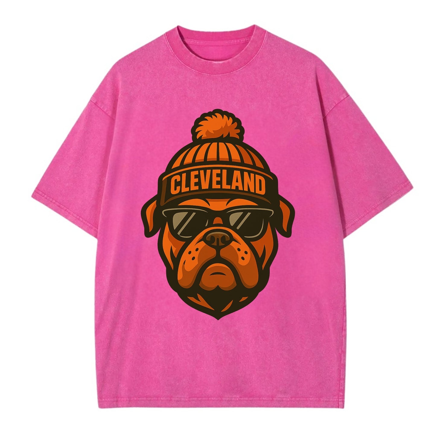Cleveland Bulldog wearing Browns orange and brown beanie with pom pom and - Vintage T-shirt - Dusty Rose(Rose)