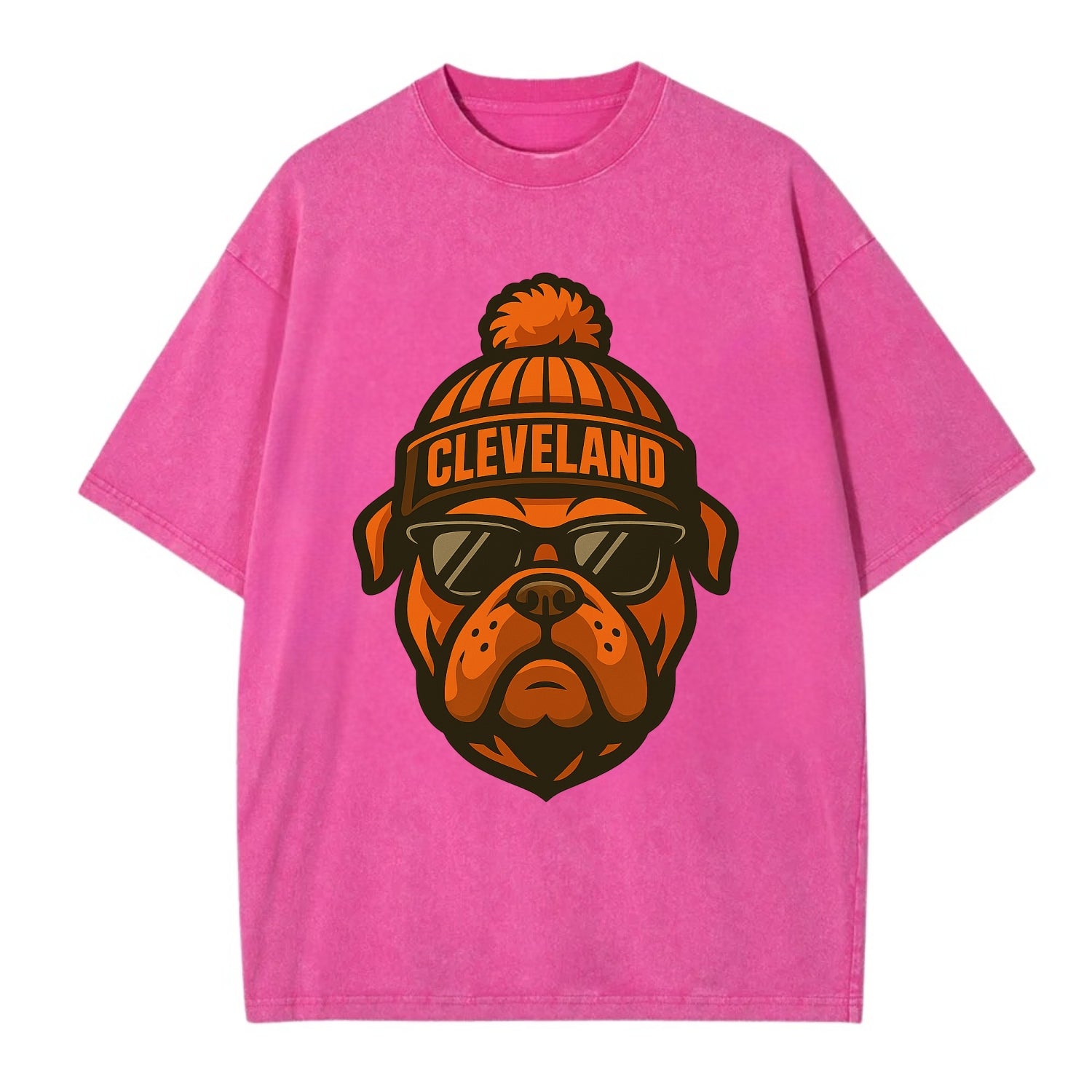 Cleveland Bulldog wearing Browns orange and brown beanie with pom pom and - Vintage T-shirt - Dusty Rose(Rose)