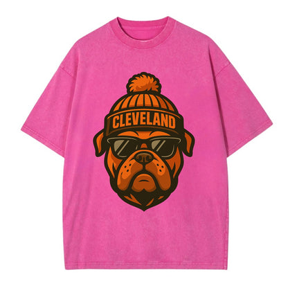 Cleveland Bulldog wearing Browns orange and brown beanie with pom pom and - Vintage T-shirt - Dusty Rose(Rose)