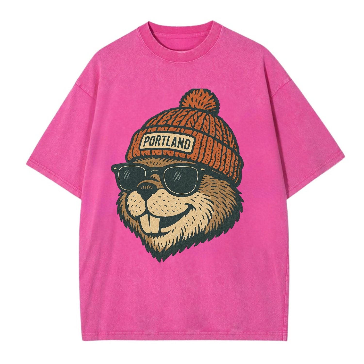 Oregon Beaver wearing Portland beanie with pom pom and wayfarer sunglasses - Vintage T-shirt - Dusty Rose(Rose)