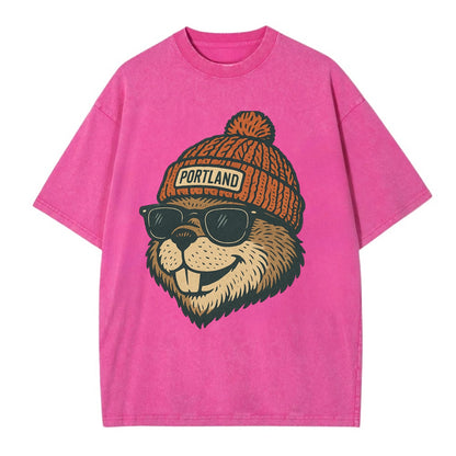 Oregon Beaver wearing Portland beanie with pom pom and wayfarer sunglasses - Vintage T-shirt - Dusty Rose(Rose)