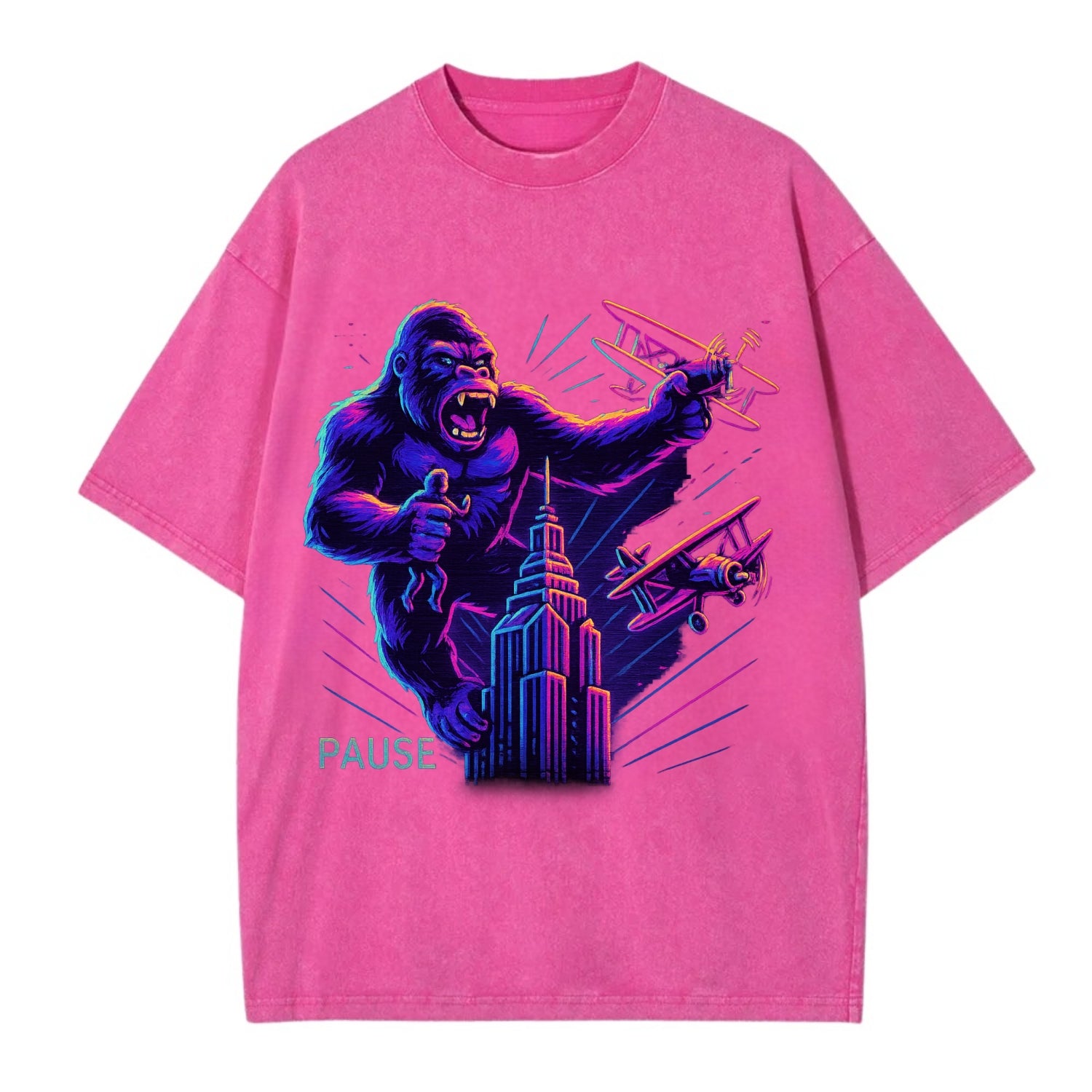giant gorilla on top of skyscraper holding small figure, swatting planes - Vintage T-shirt - Dusty Rose(Rose)