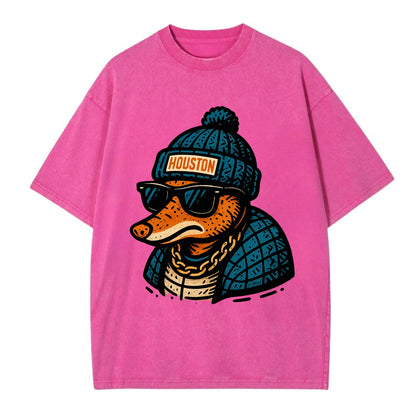 Houston Armadillo wearing Houston beanie with pom pom and wayfarer sunglasses - Vintage T-shirt - Dusty Rose(Rose)