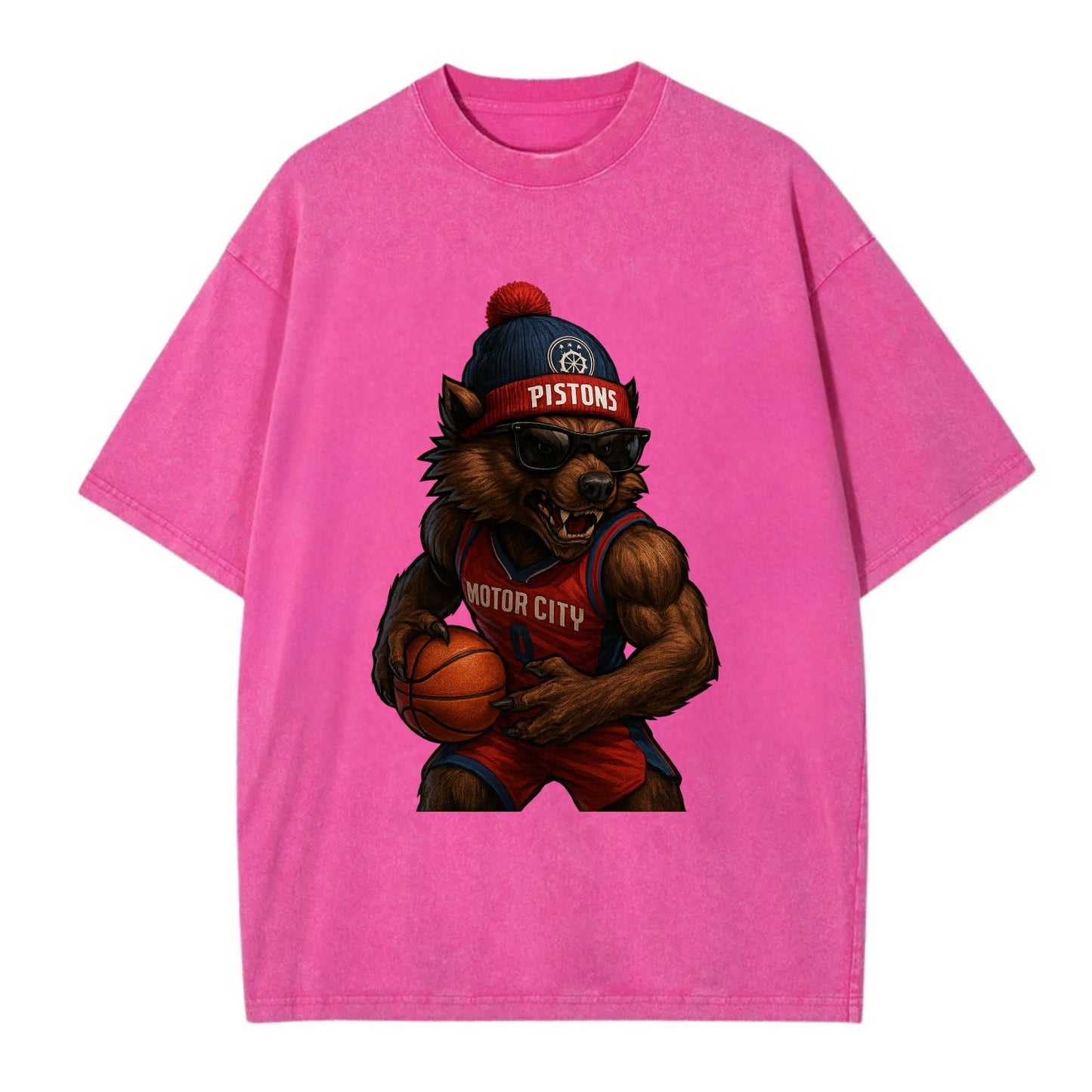 Motor City Wolverine wearing Pistons beanie with gear patch and wayfarer - Vintage T-shirt - Dusty Rose(Rose)