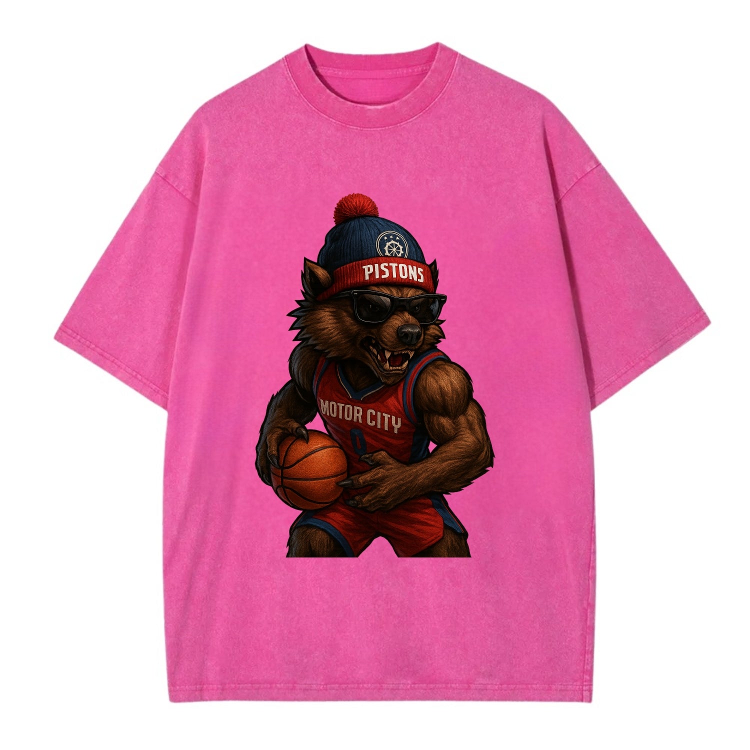 Motor City Wolverine wearing Pistons beanie with gear patch and wayfarer - Vintage T-shirt - Dusty Rose(Rose)