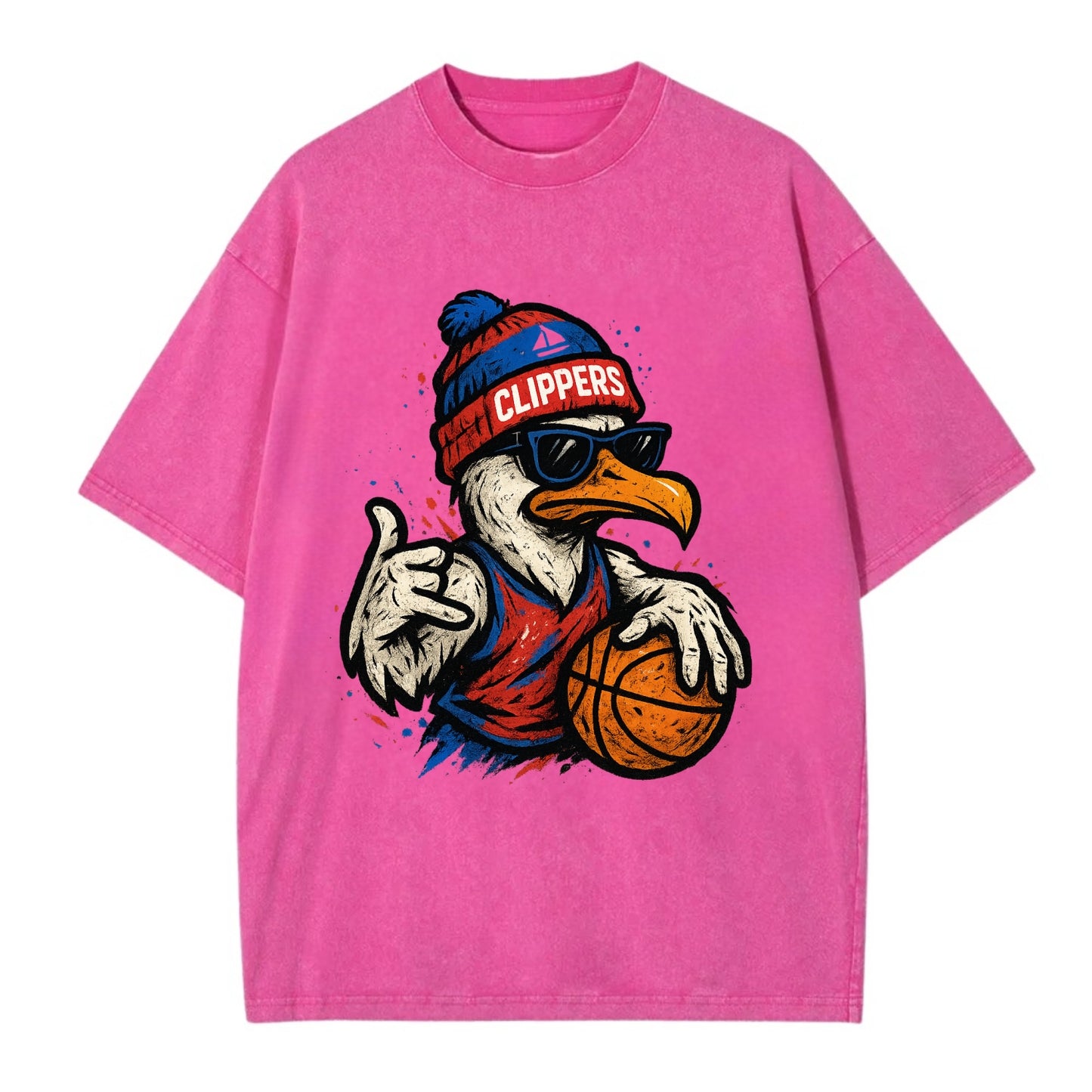 LA Seagull wearing Clippers red white and blue beanie with ship patch and - Vintage T-shirt - Dusty Rose(Rose)