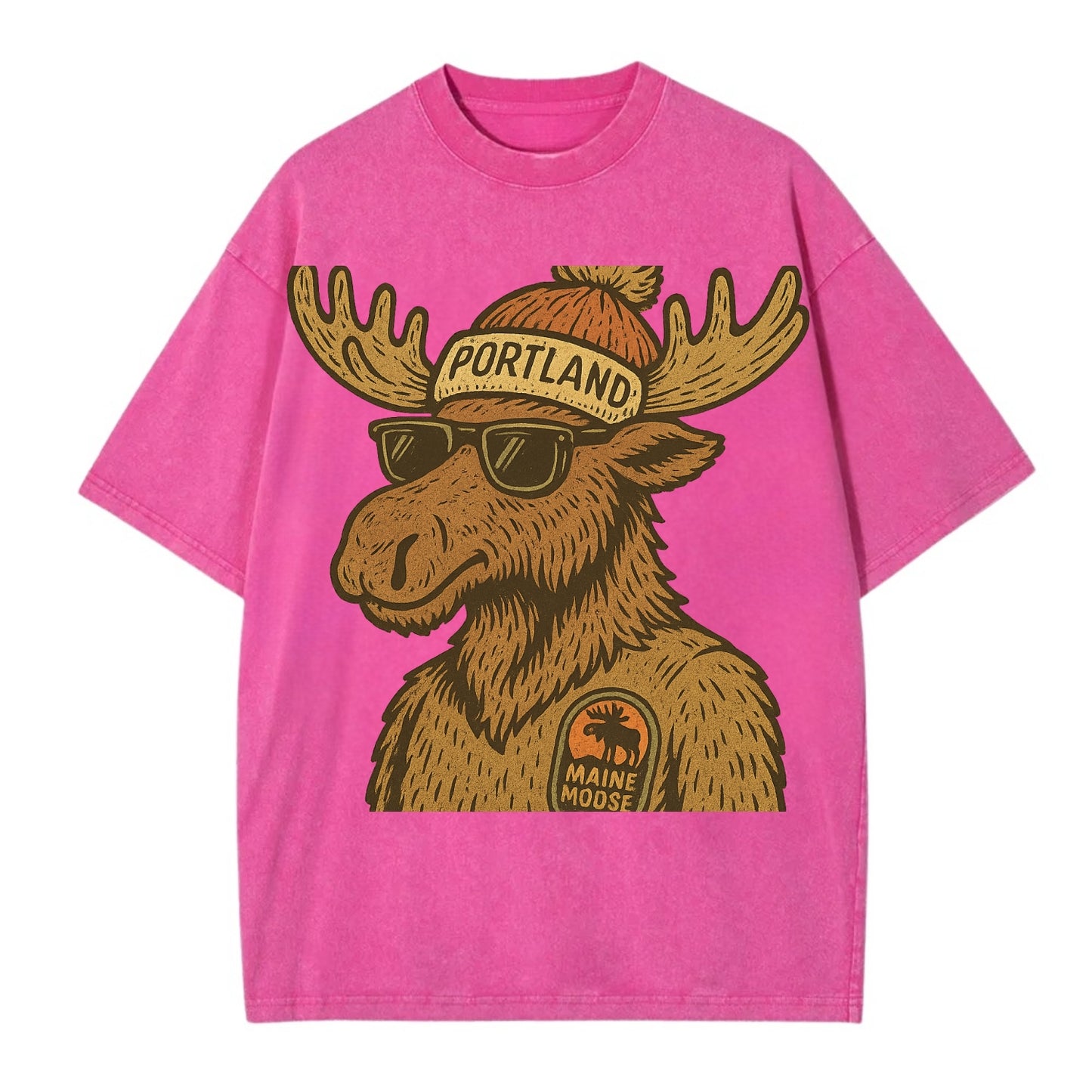 Maine Moose wearing Portland beanie with pom pom and wayfarer sunglasses - Vintage T-shirt - Dusty Rose(Rose)