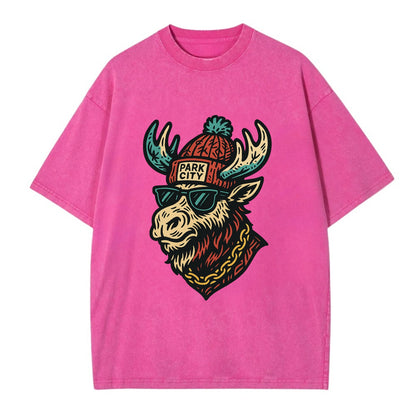 Park City Moose wearing Park City beanie with pom pom and wayfarer sunglasses - Vintage T-shirt - Dusty Rose(Rose)