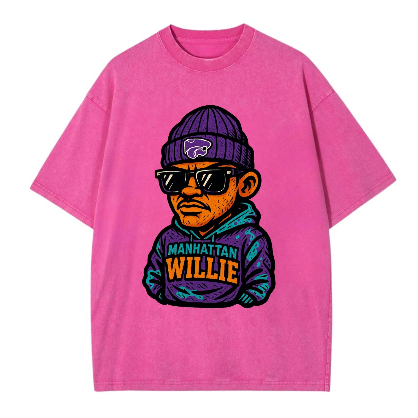 Manhattan Willie wearing Kansas State beanie with powercat patch - Vintage T-shirt - Dusty Rose(Rose)