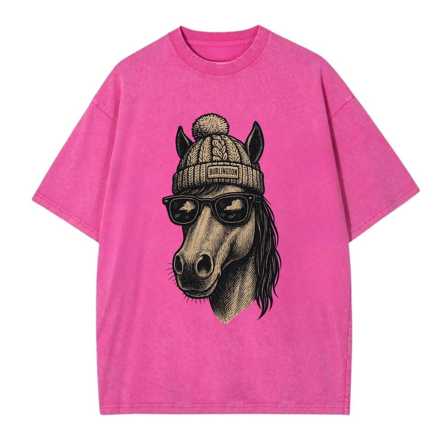 Vermont Morgan Horse wearing Burlington beanie with pom pom and wayfarer - Vintage T-shirt - Dusty Rose(Rose)